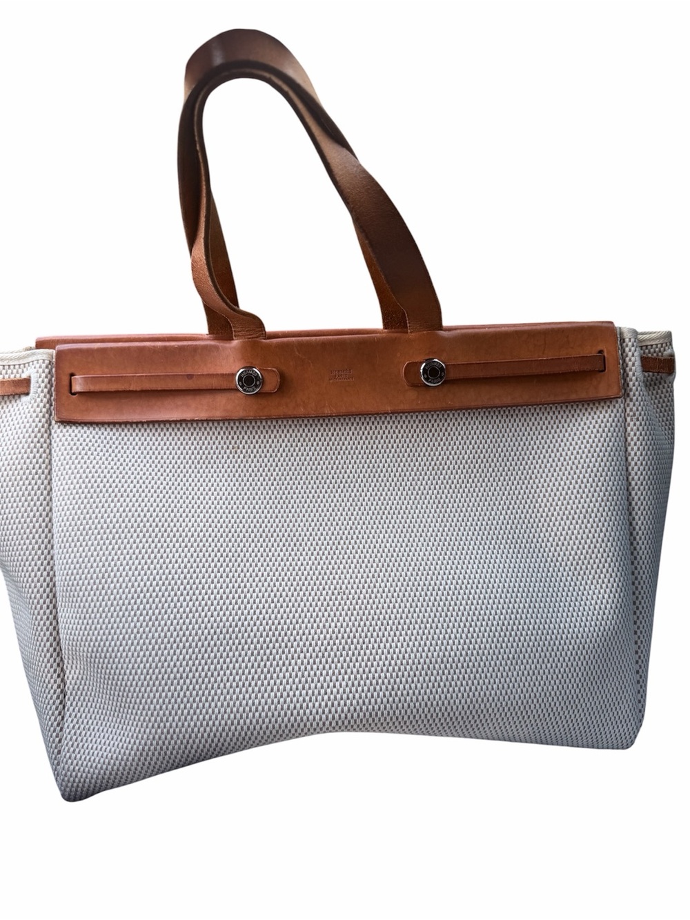 Vintage Hermes  Canvas Leather Tote Bag Beige #G